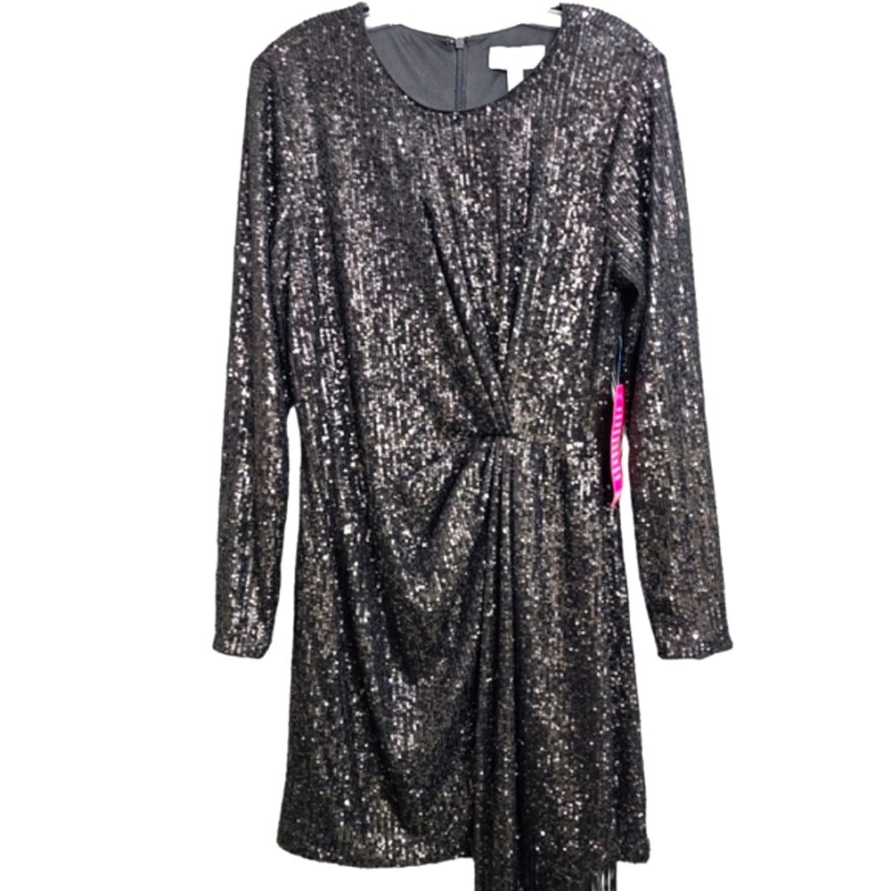 Nwt Belle Badgley Mischka Black Sequin Longsleeve Harley Long Fringed Sa… - Picture 10 of 17